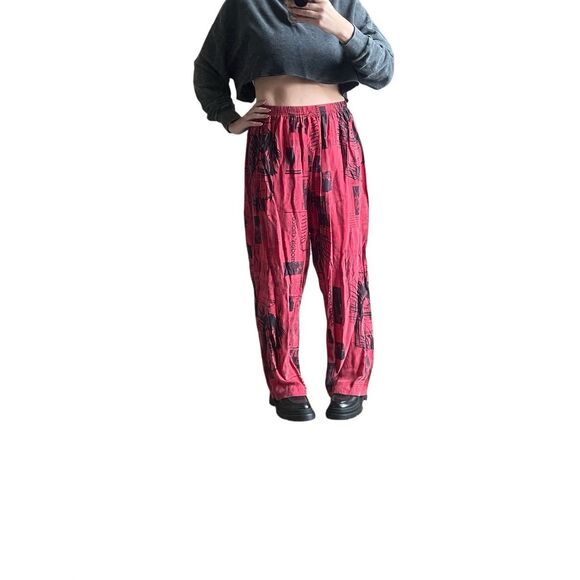 Vintage 90s David dart red silk modeling artwork, red wide leg pants - Picture 1 of 6